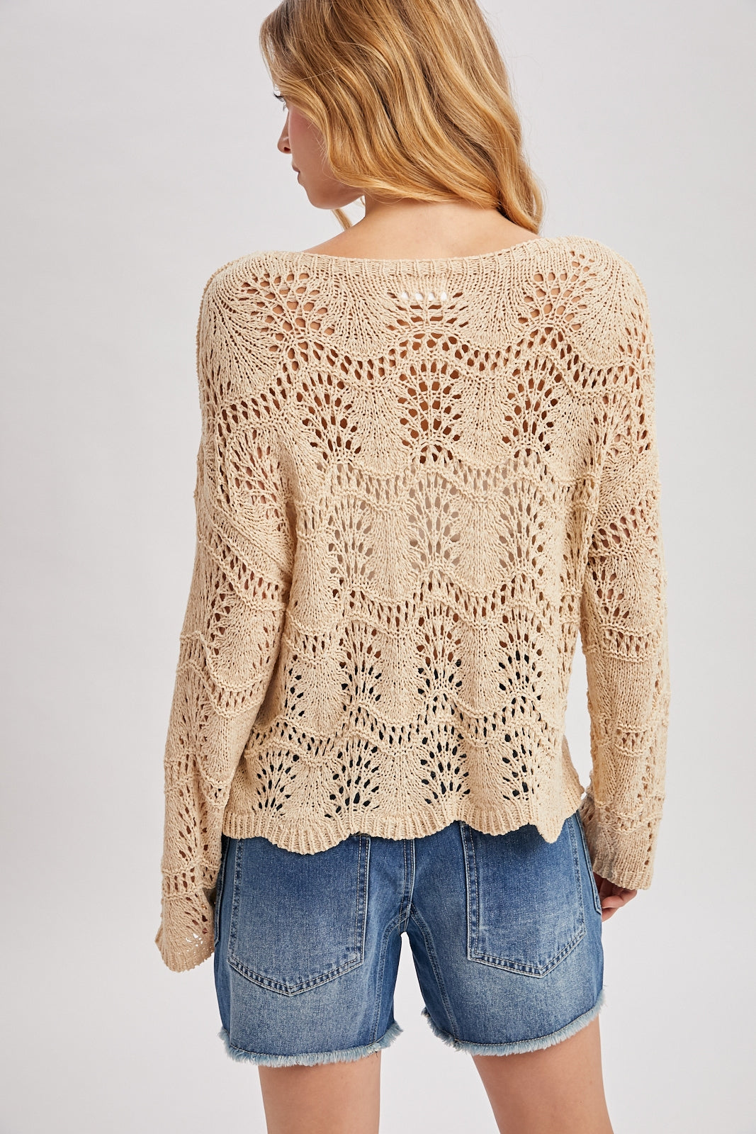 BOAT NECK SCALLOPED HEM OPEN KNIT SWEATER