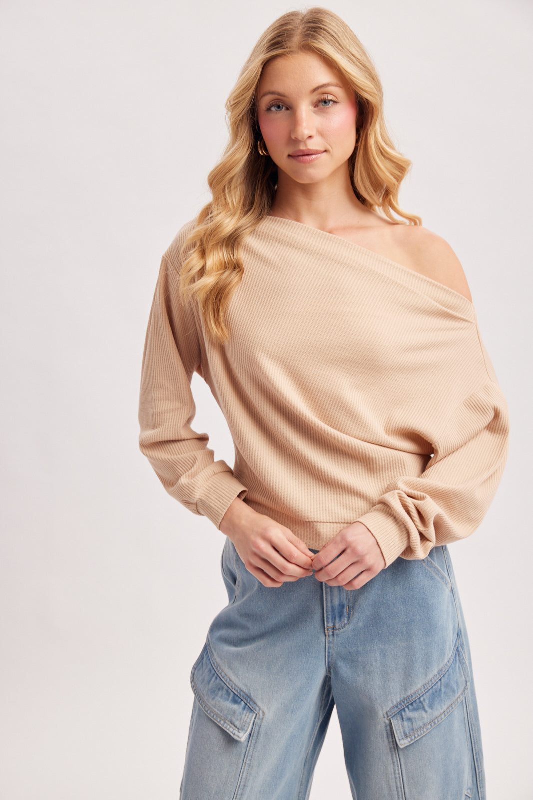 ONE SHOULDER WAFFLE KNIT SLOUCHY TOP