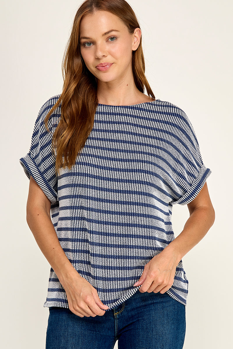 CURLY RIB ROLLED CUFF KNIT STRIPE TOP