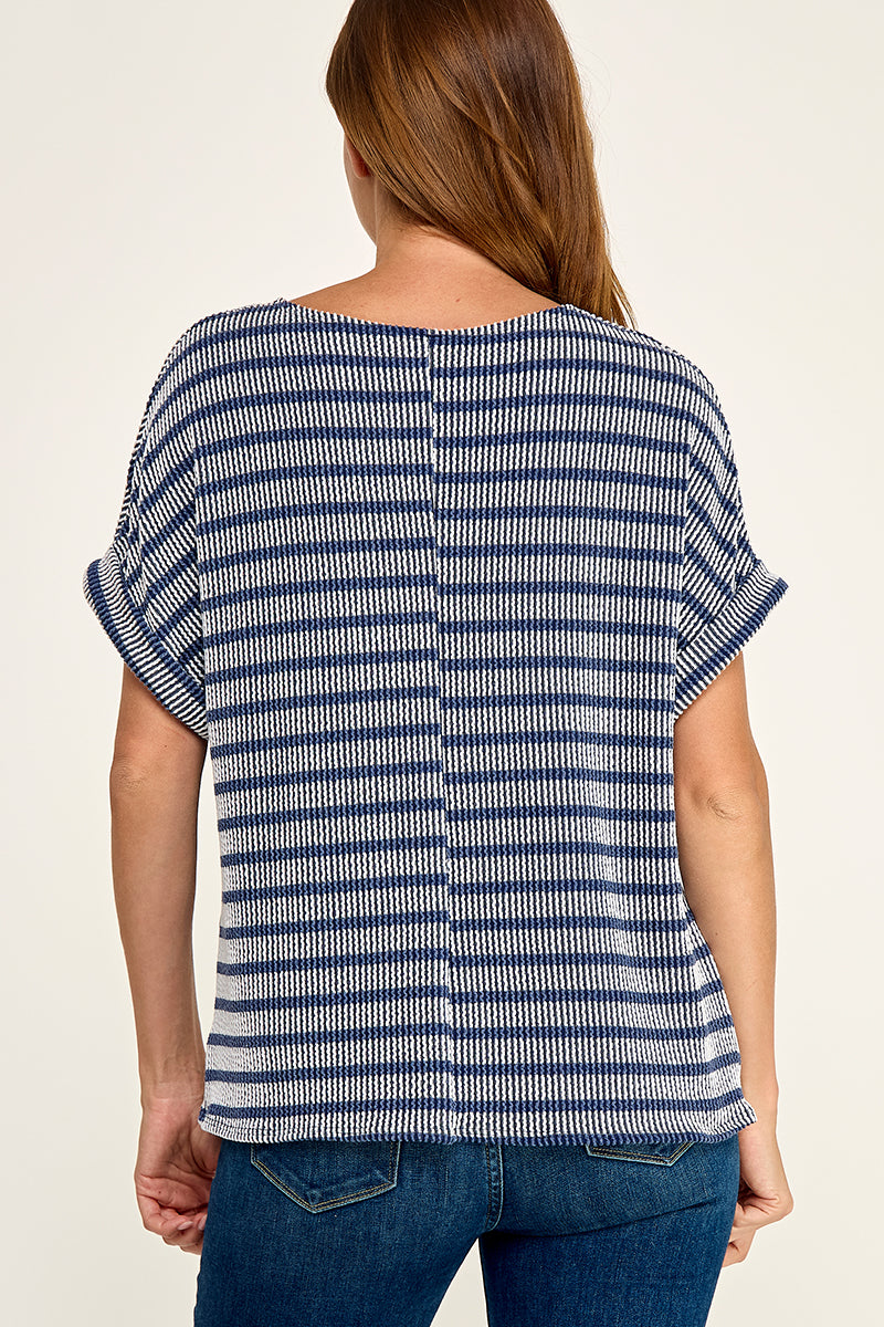 CURLY RIB ROLLED CUFF KNIT STRIPE TOP