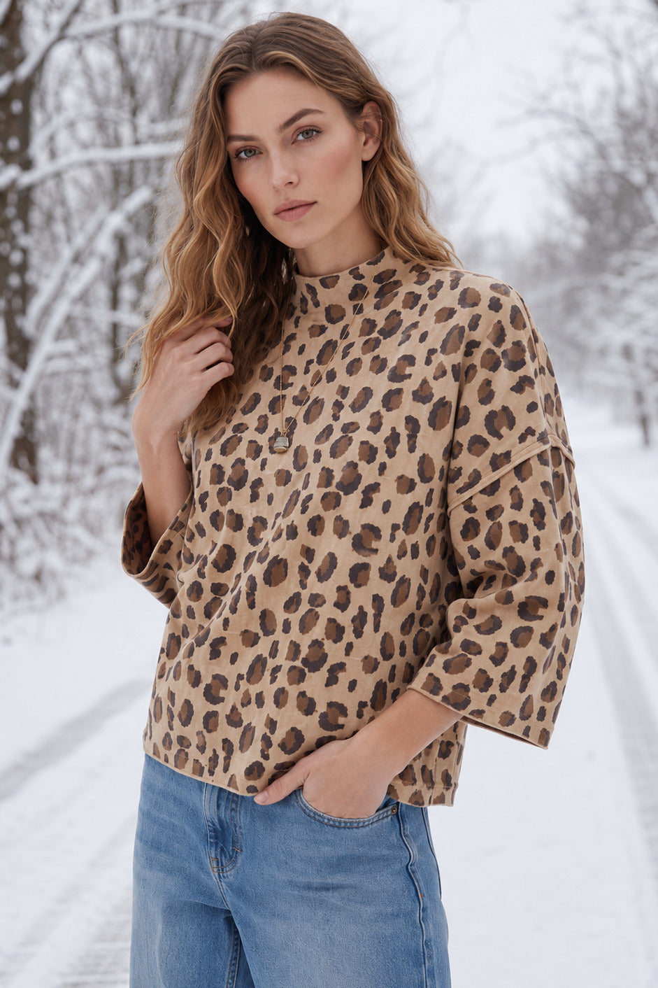 MOCK NECK LEOPARD PATTERNED SWEATER