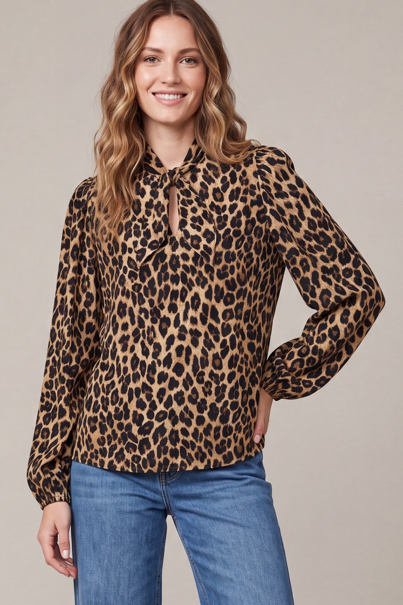 WOVEN ANIMAL PRINT NECK BOW TOP