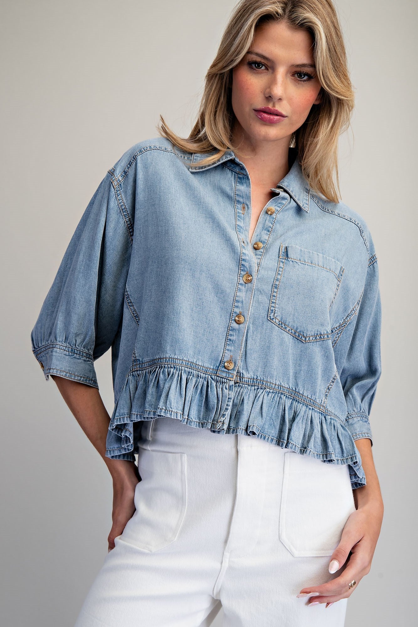 RUFFLED HEM BUTTON DOWN DENIM TOP