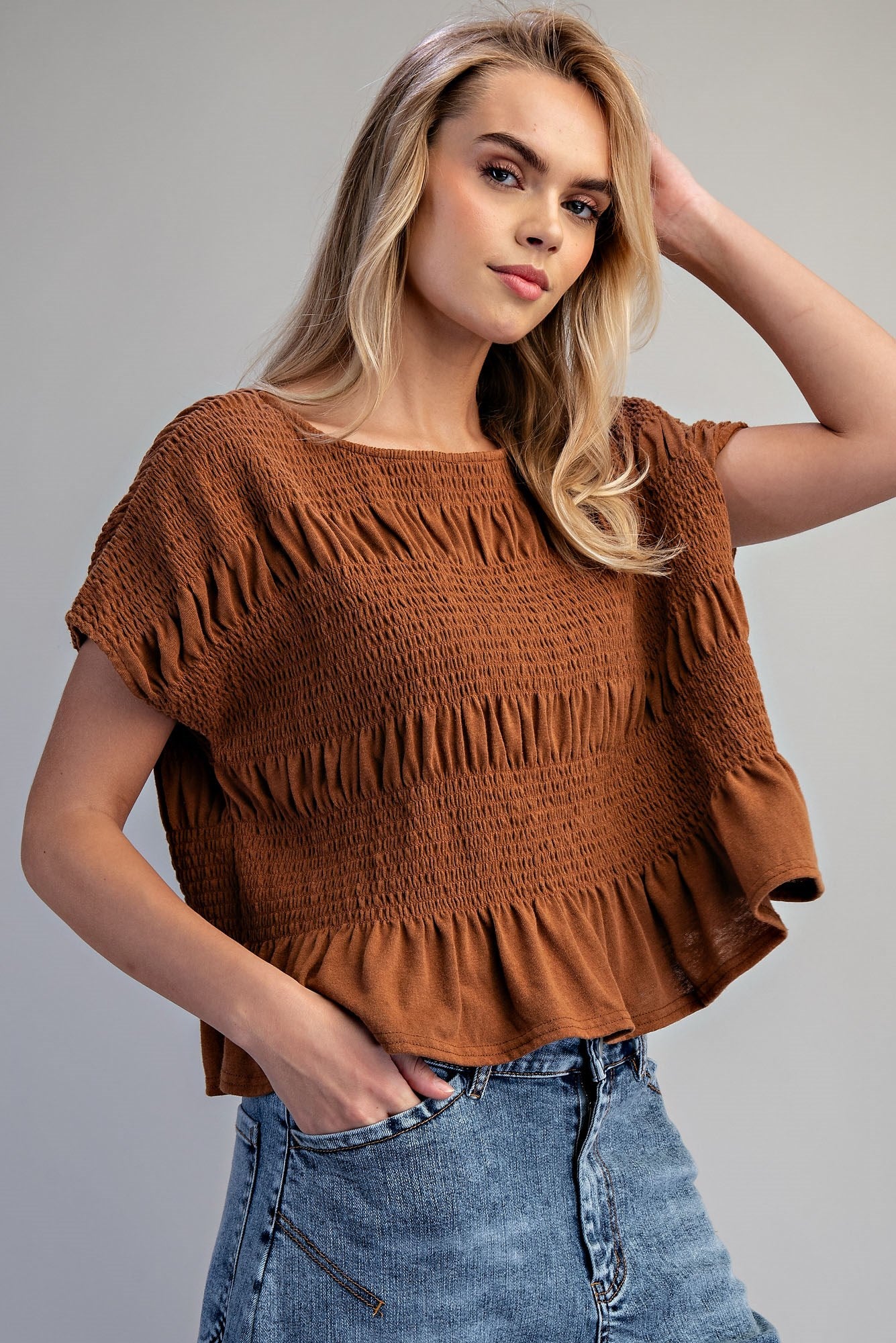MINERAL WASHED SMOCKED TOP