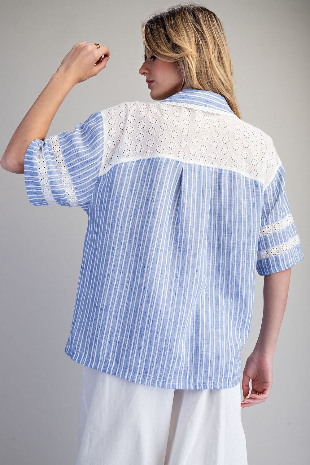 STRIPE LACE DECORATED BUTTON DOWN BLOUSE