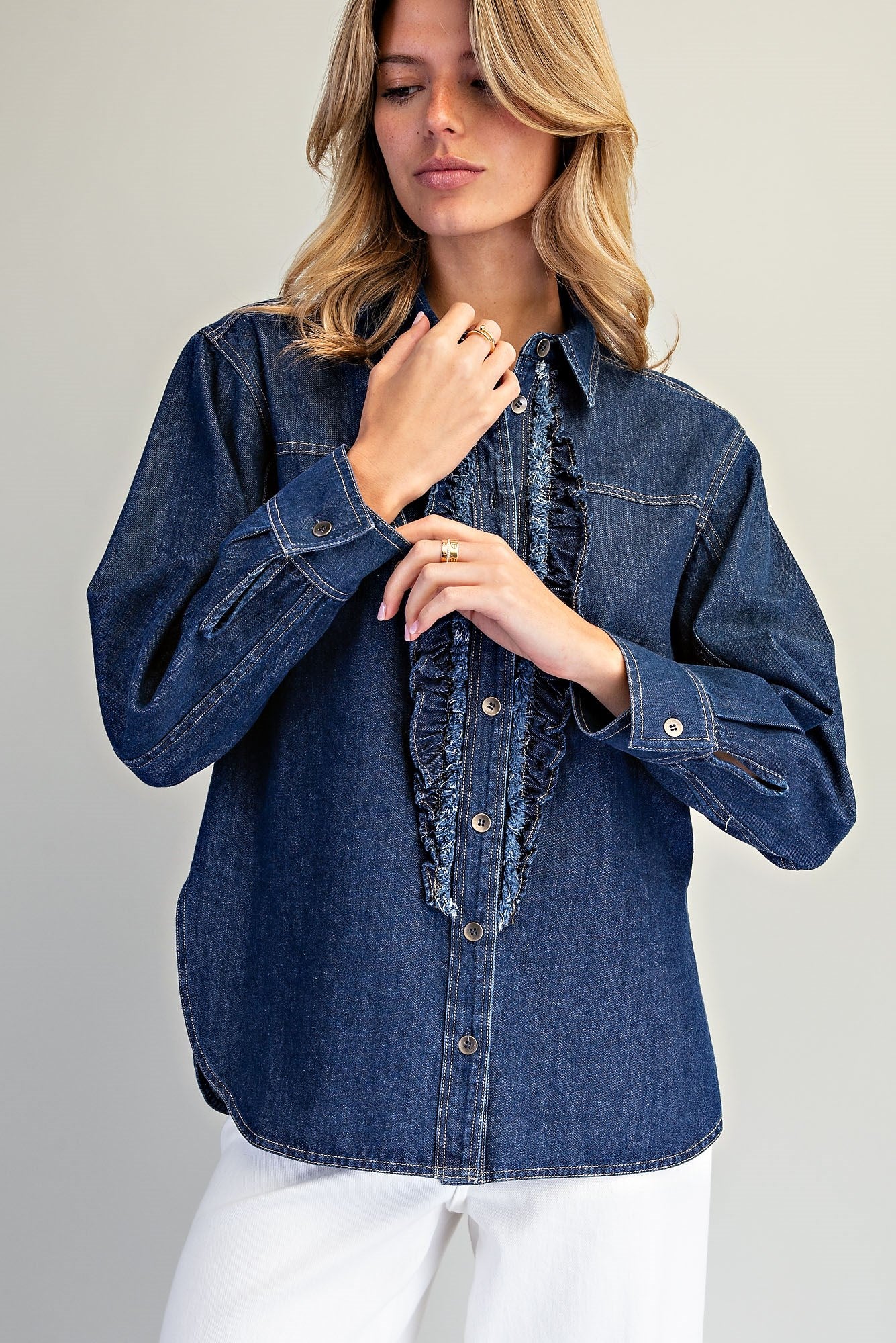 RUFFLE PLACKET BUTTON DOWN TOP