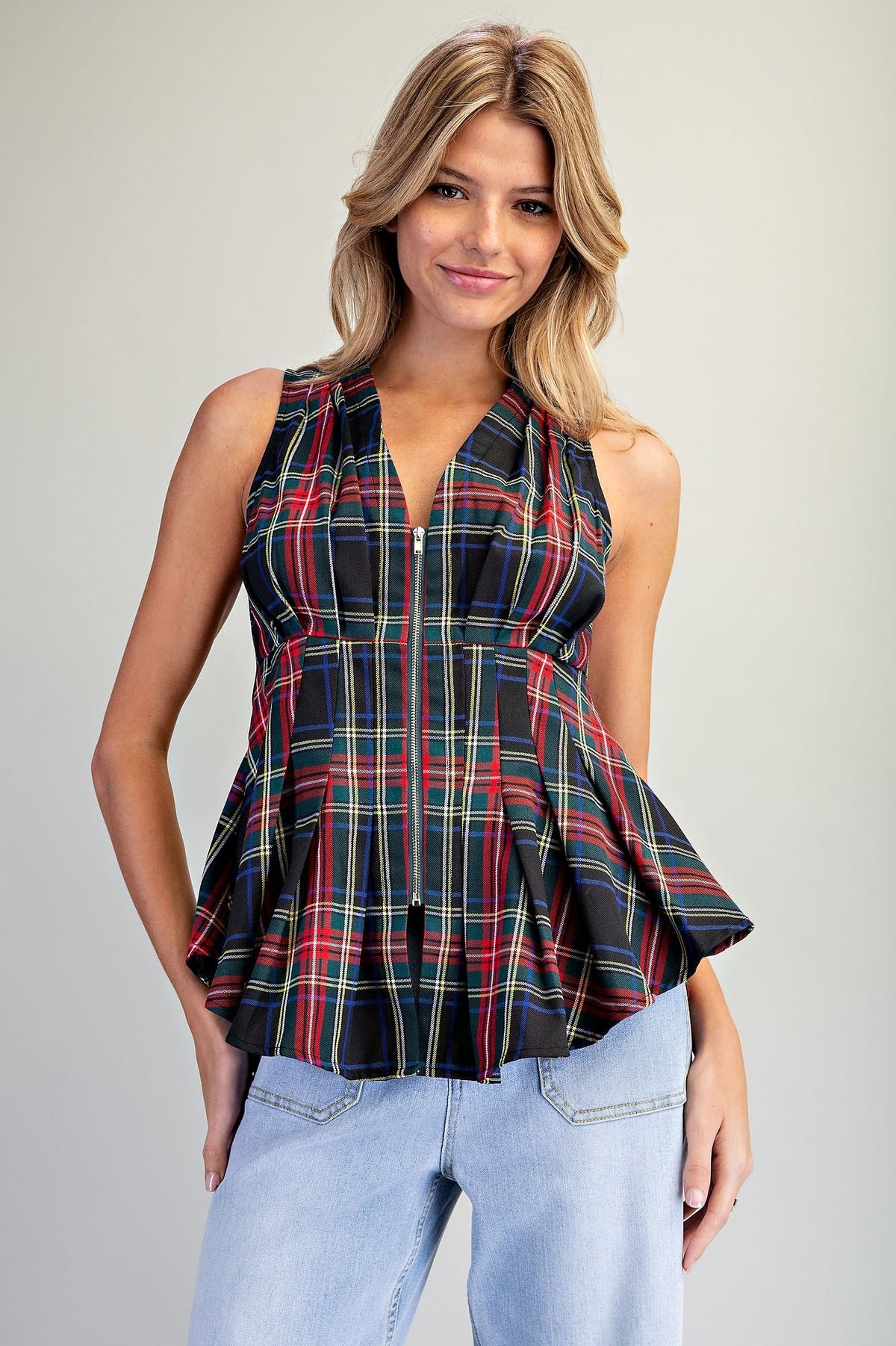 PLAID ZIP FRONT PLEATED TOP