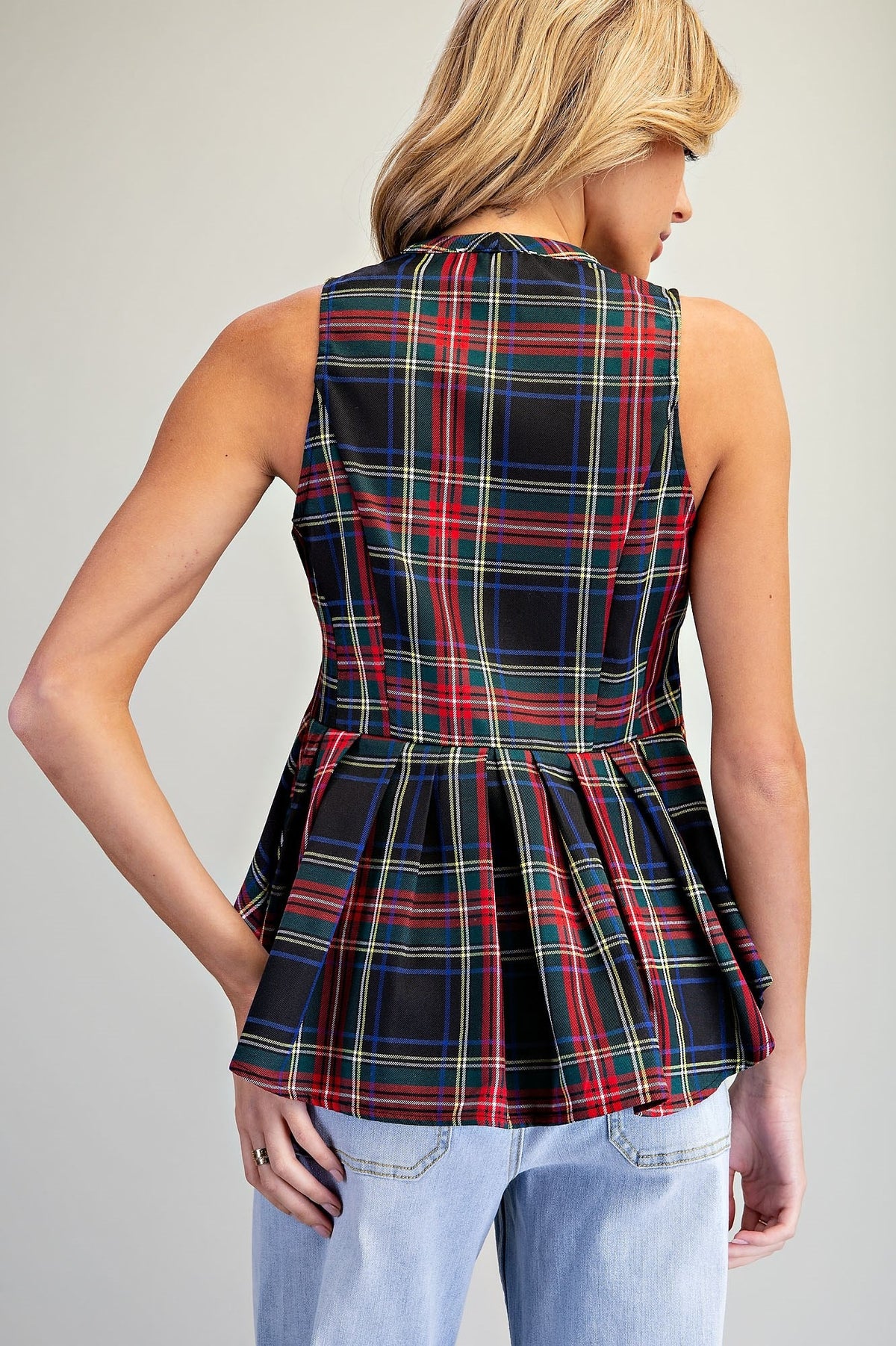 PLAID ZIP FRONT PLEATED TOP