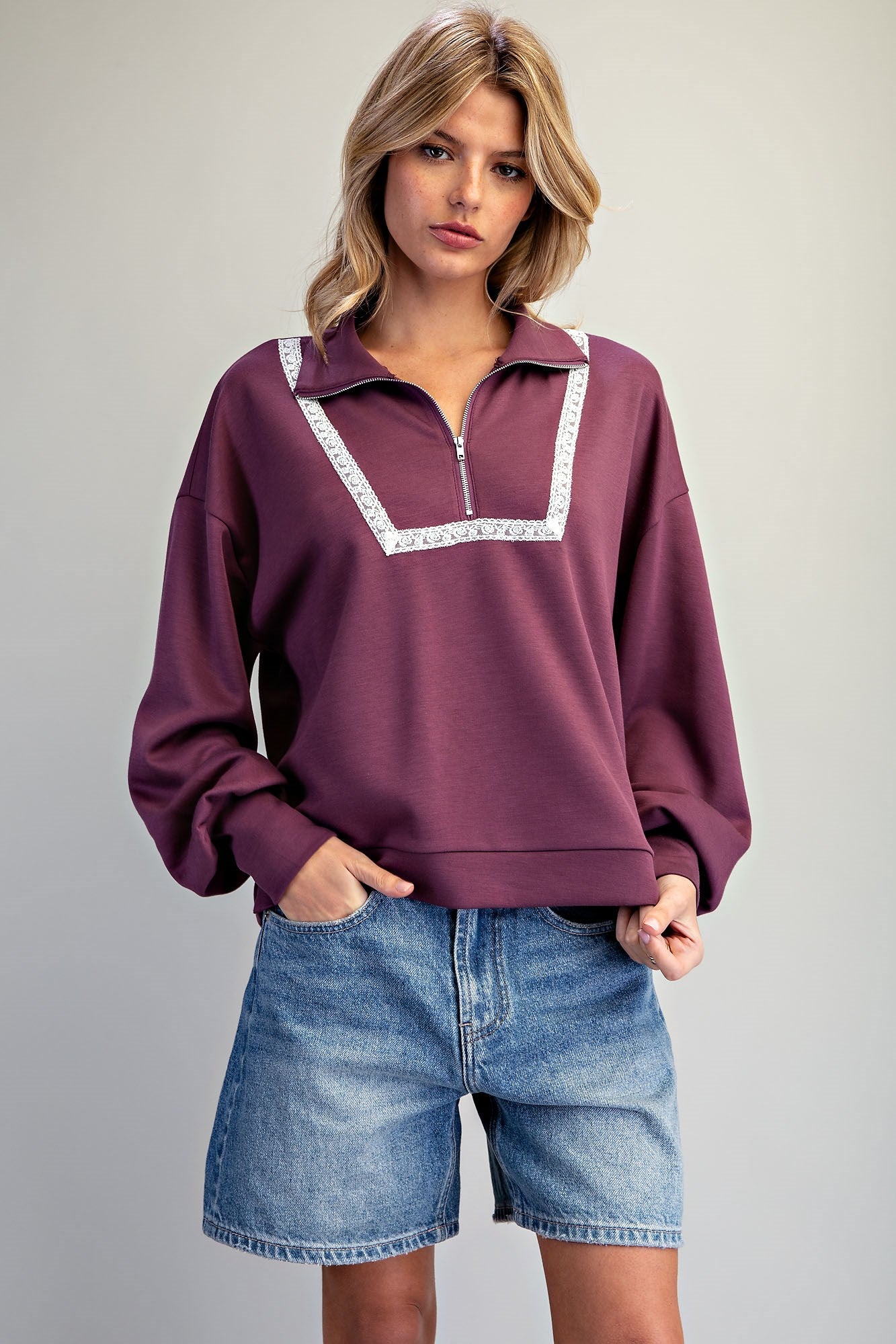LACE TRIM QUARTER ZIP PULLOVER