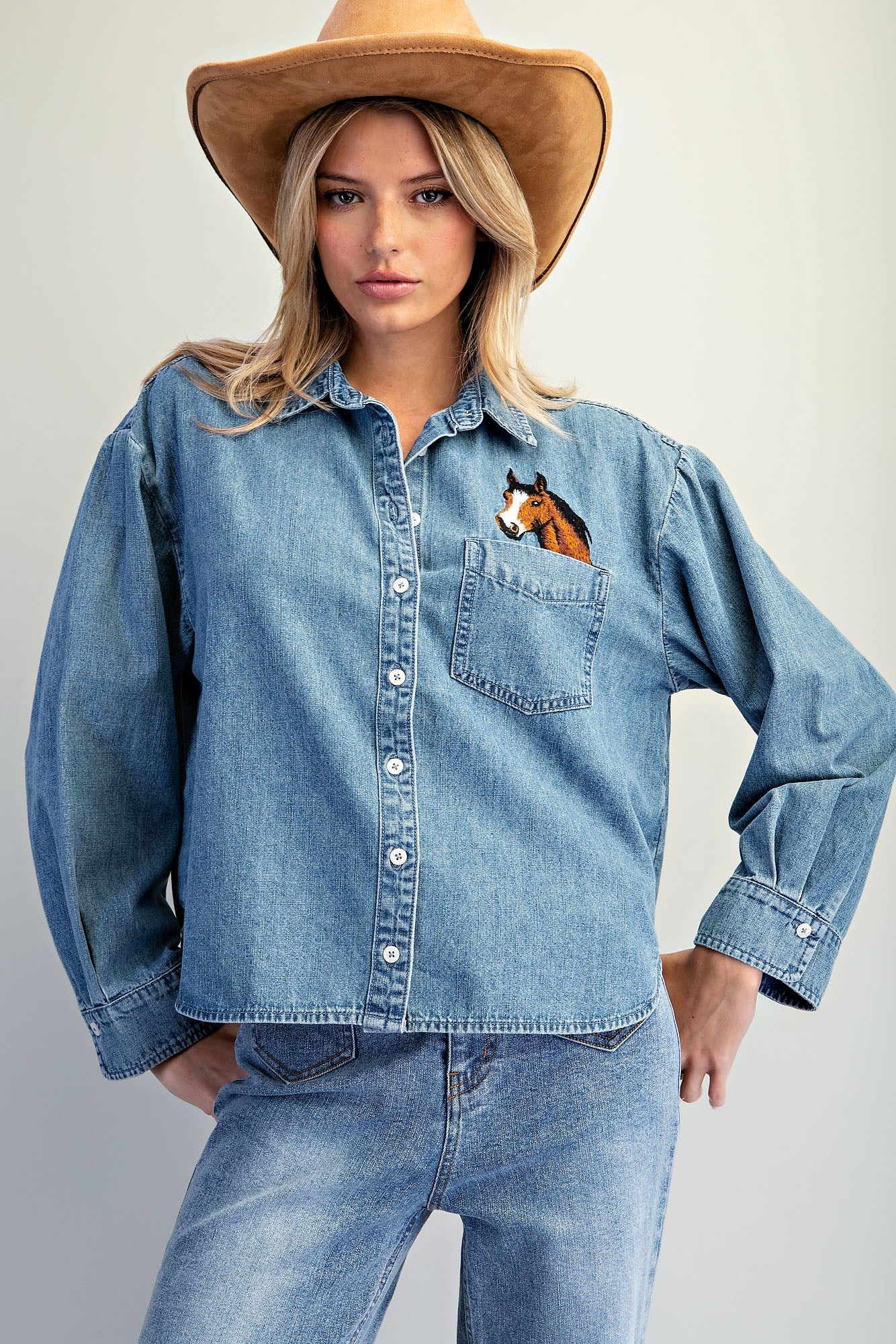 HORSE EMBROIDERED DENIM BUTTON DOWN SHIRT