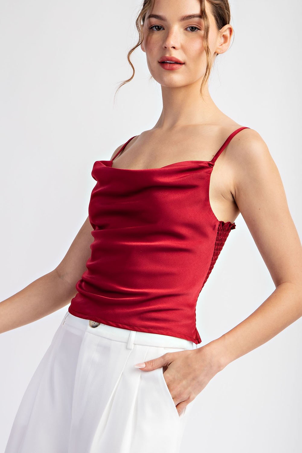 SOLID SATIN COWL NECK TANK TOP