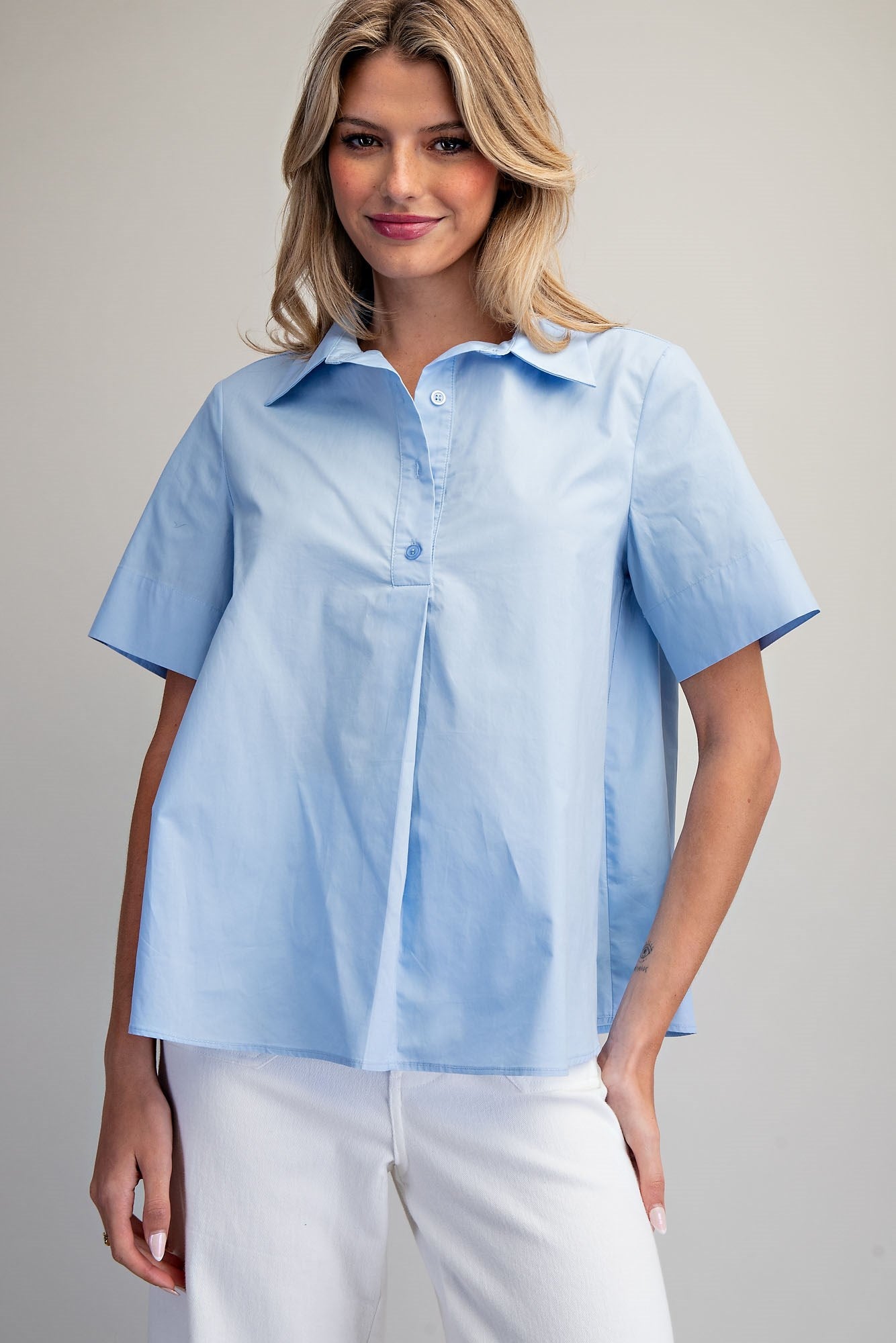 SOLID COLLARED SHORT SLEEVE BLOUSE