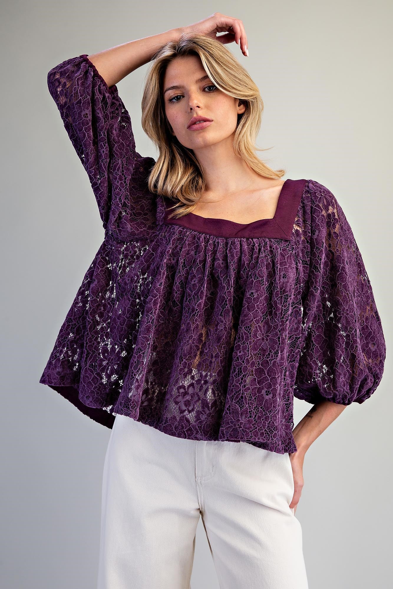 SQUARE NECK LACE BALLOON SLEEVE BLOUSE