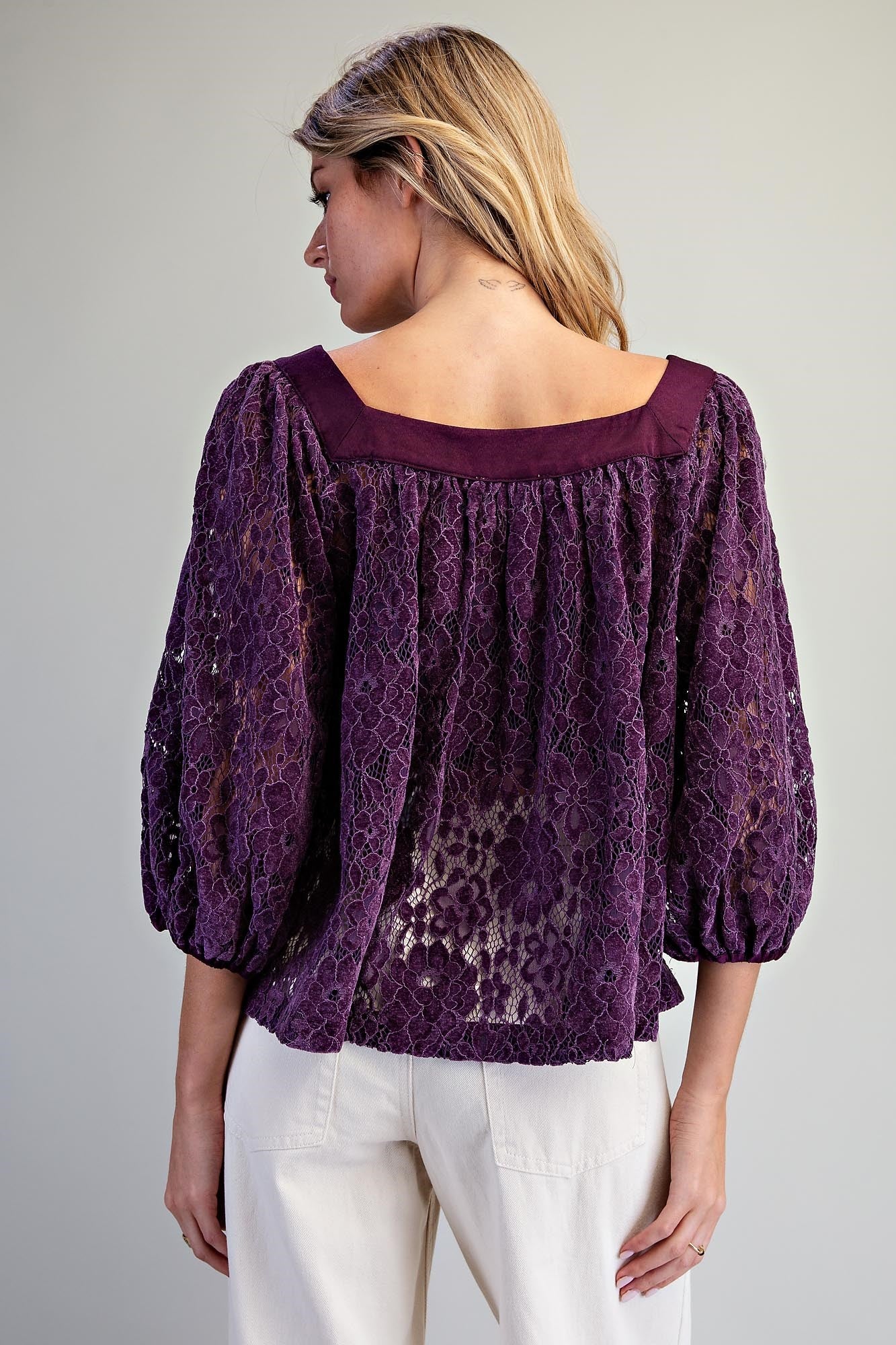 SQUARE NECK LACE BALLOON SLEEVE BLOUSE