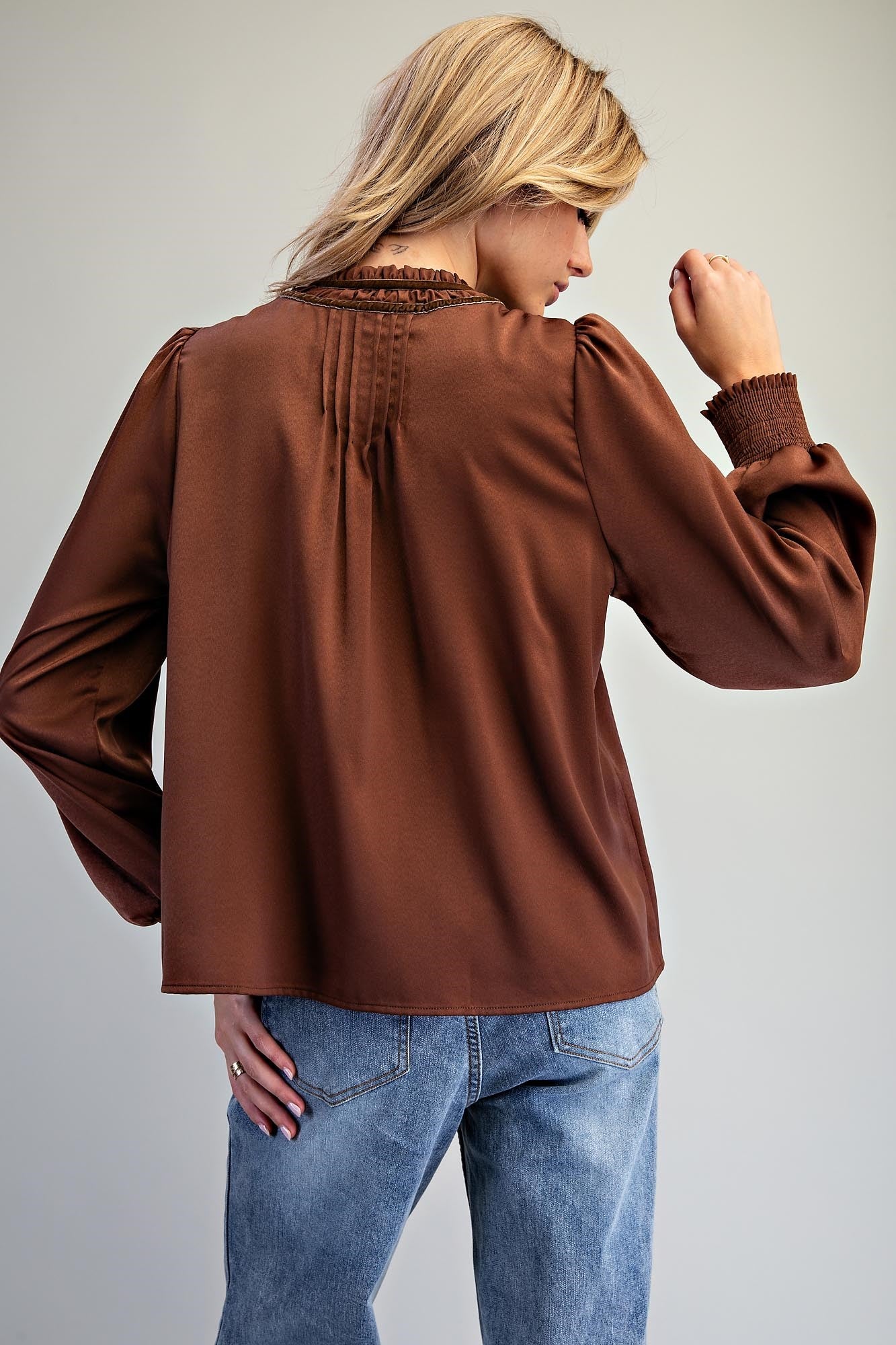PIN TUCK TIE NECK SMOCKED CUFF BLOUSE