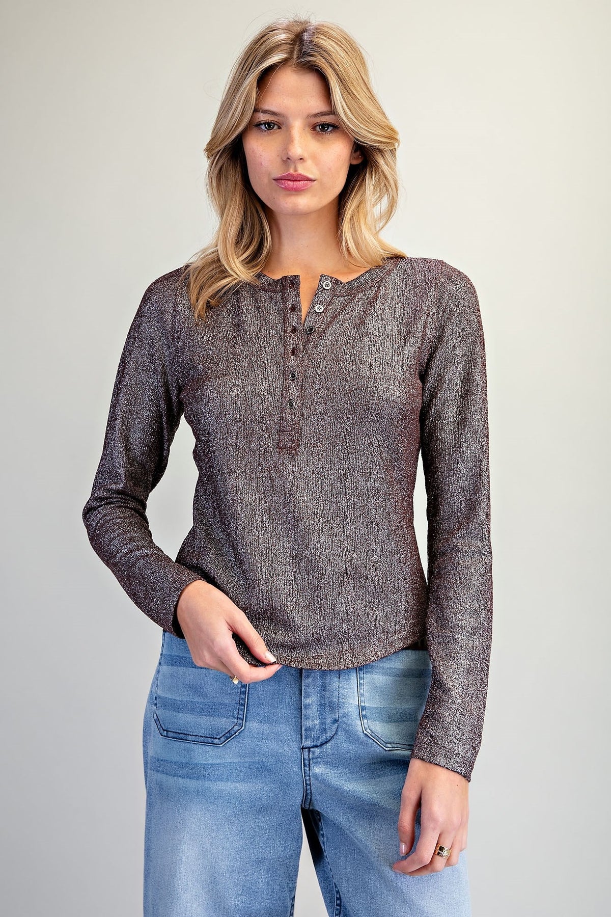 METALLIC HENLEY LONG SLEEVE TOP