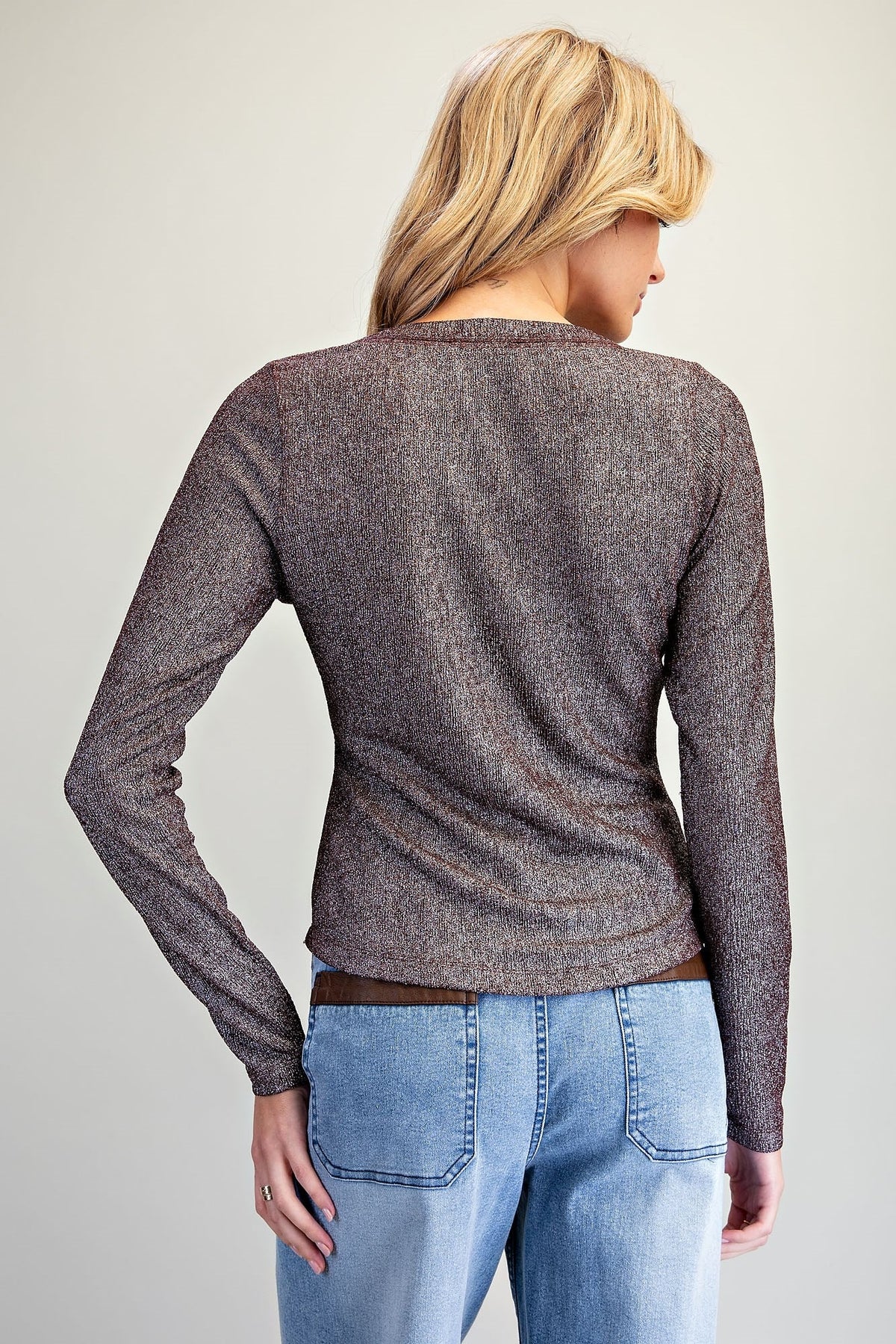 METALLIC HENLEY LONG SLEEVE TOP