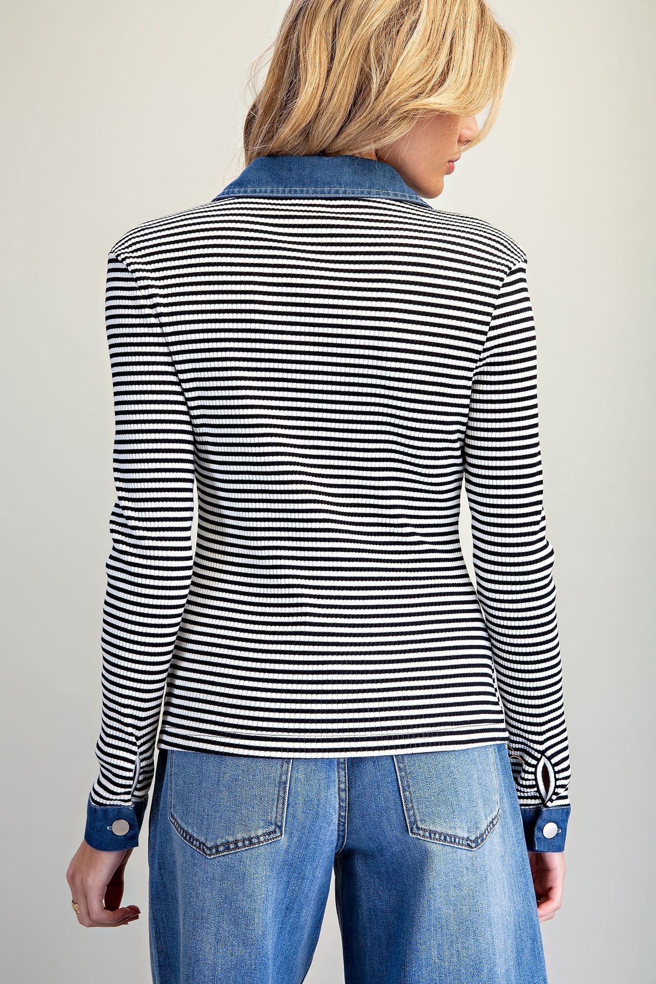 MINERAL WASHED STRIPED DENIM TRIM TOP