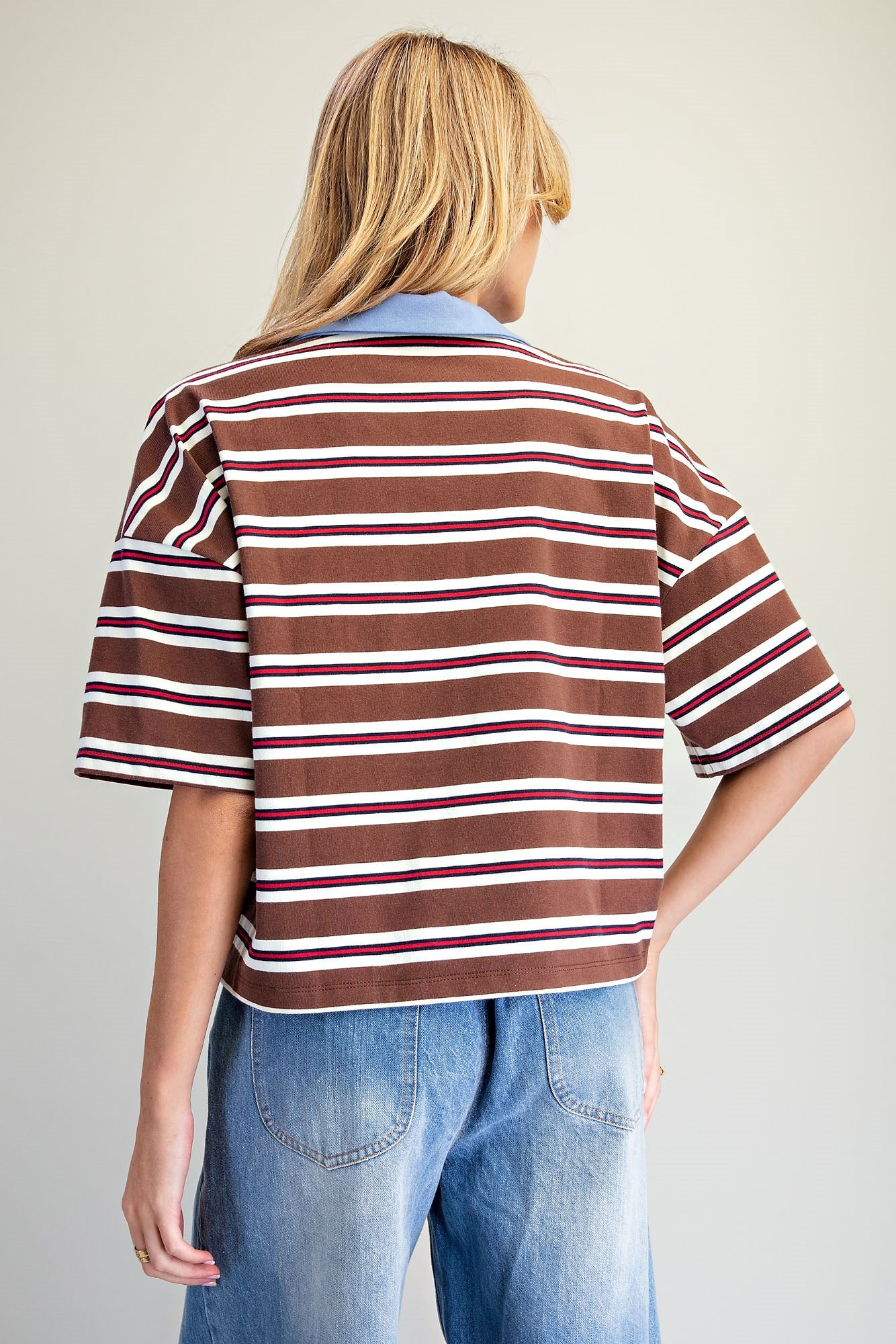 STRIPED CONTRAST COLLAR POLO TOP