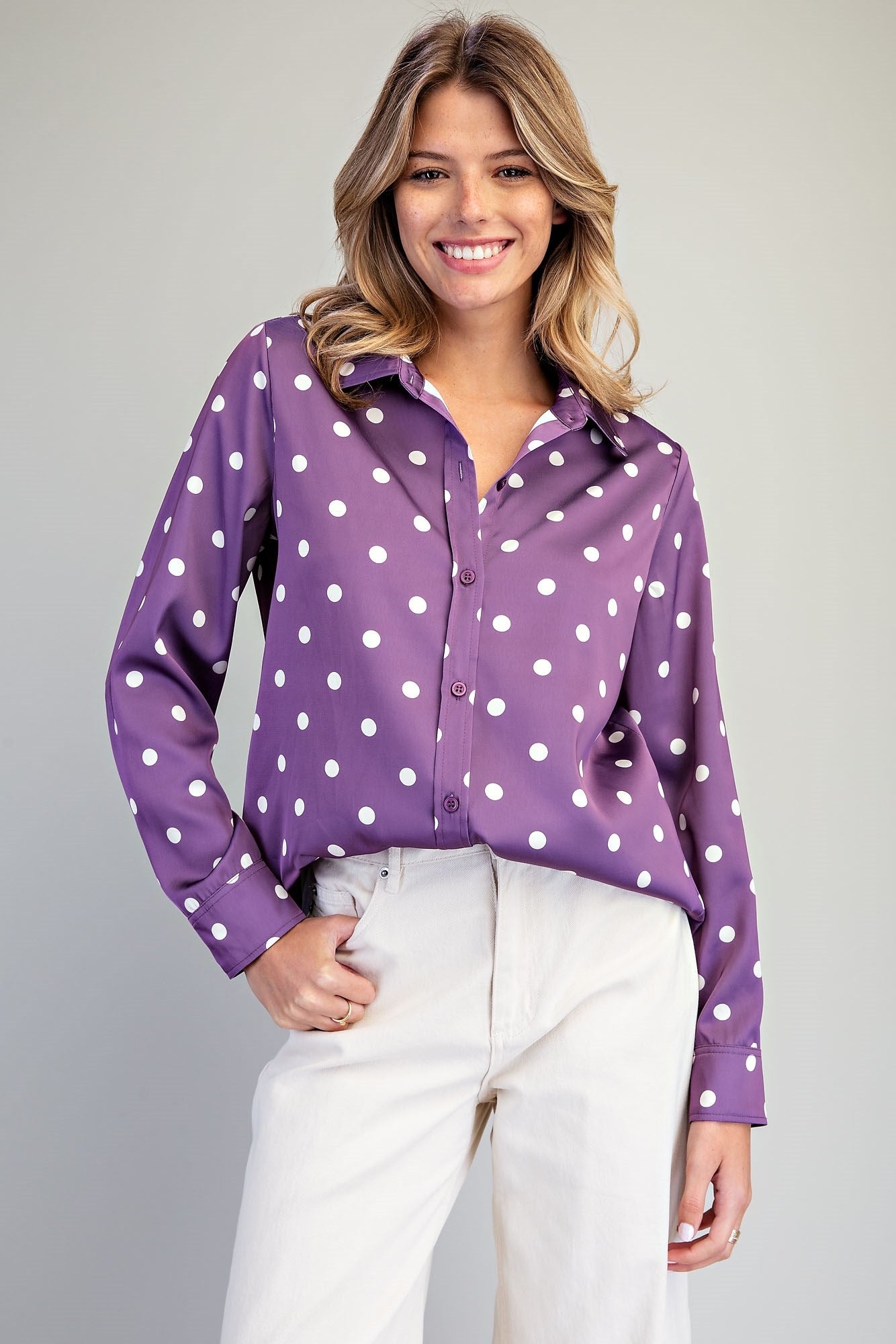 SATIN POLKA DOT BUTTON DOWN BLOUSE