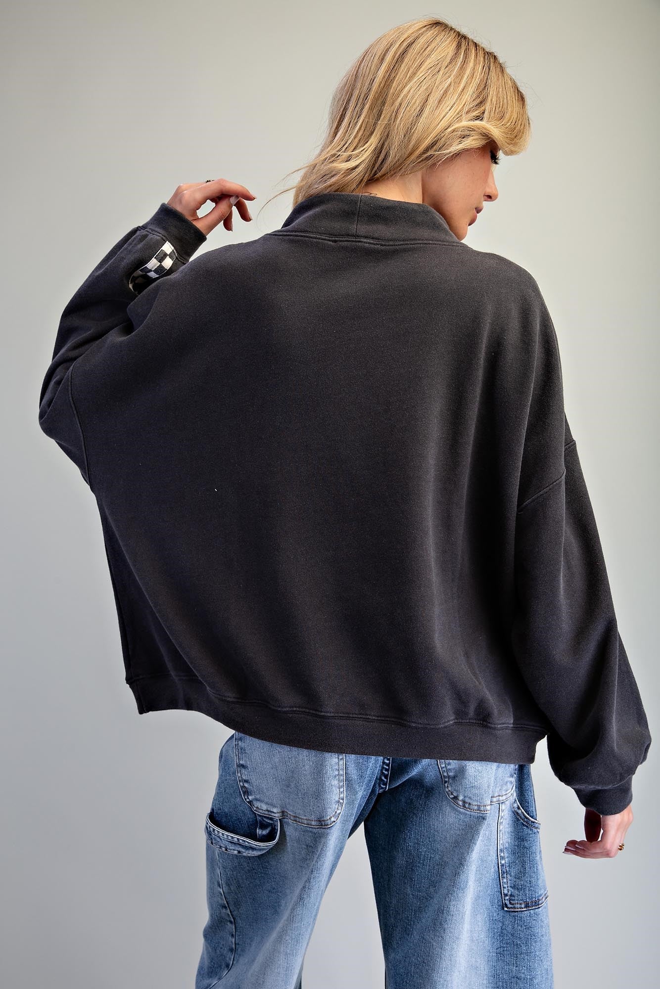 MINERAL WASHED CHECKERBOARD MOCK NECK PULLOVER