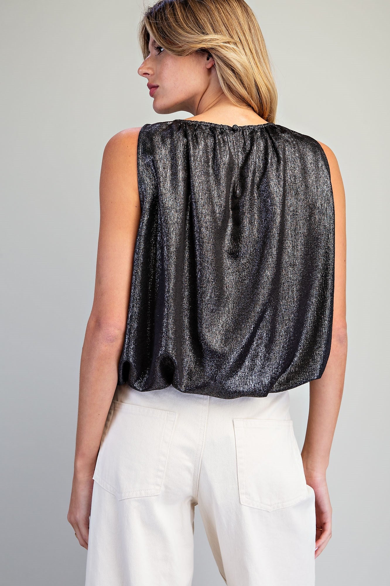GATHERED SHIMMER BUBBLE TANK TOP