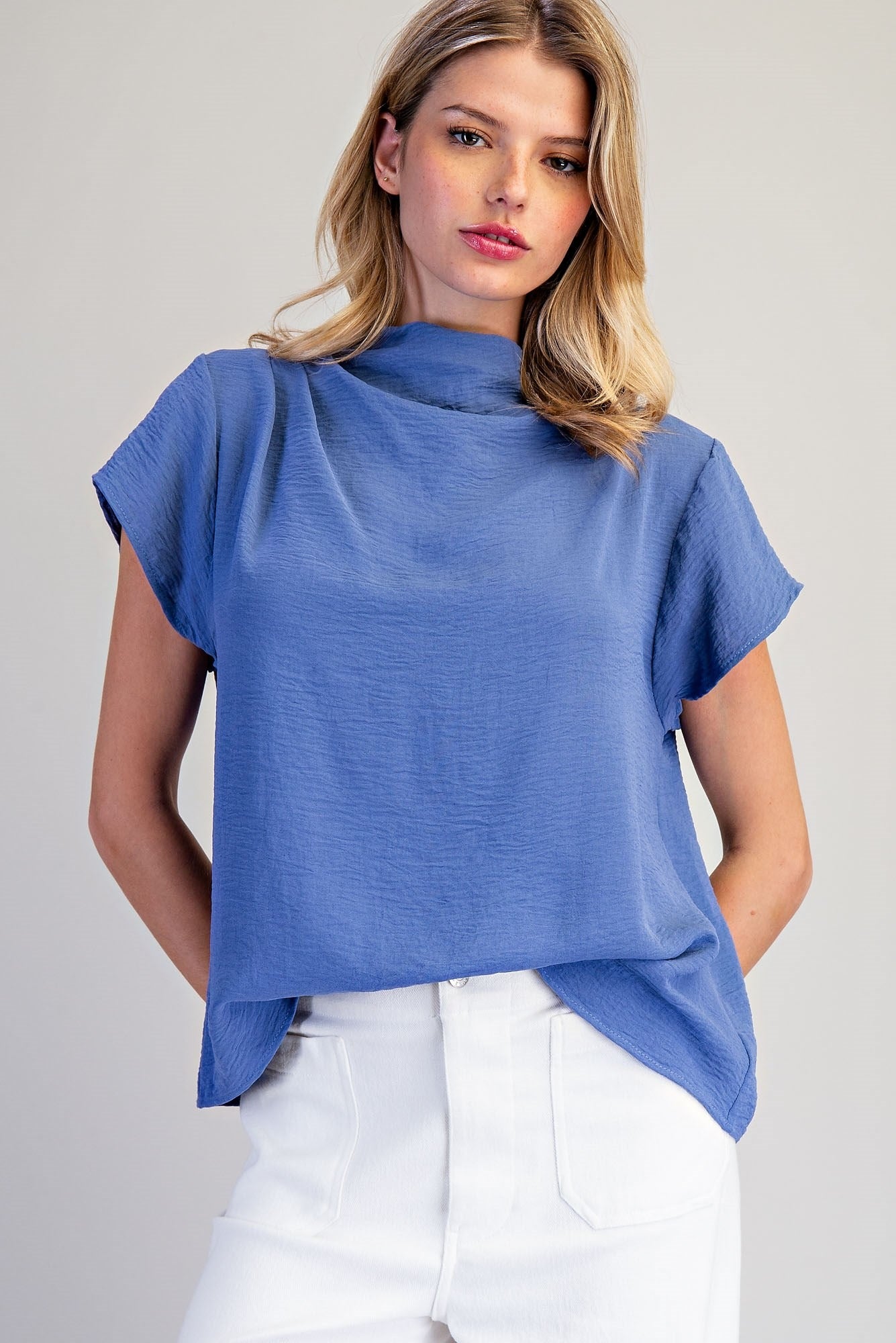 SOLID WOVEN COWL NECK TOP