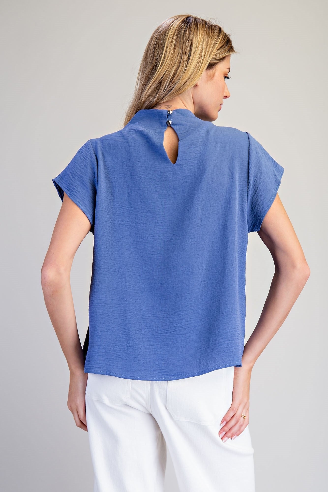 SOLID WOVEN COWL NECK TOP
