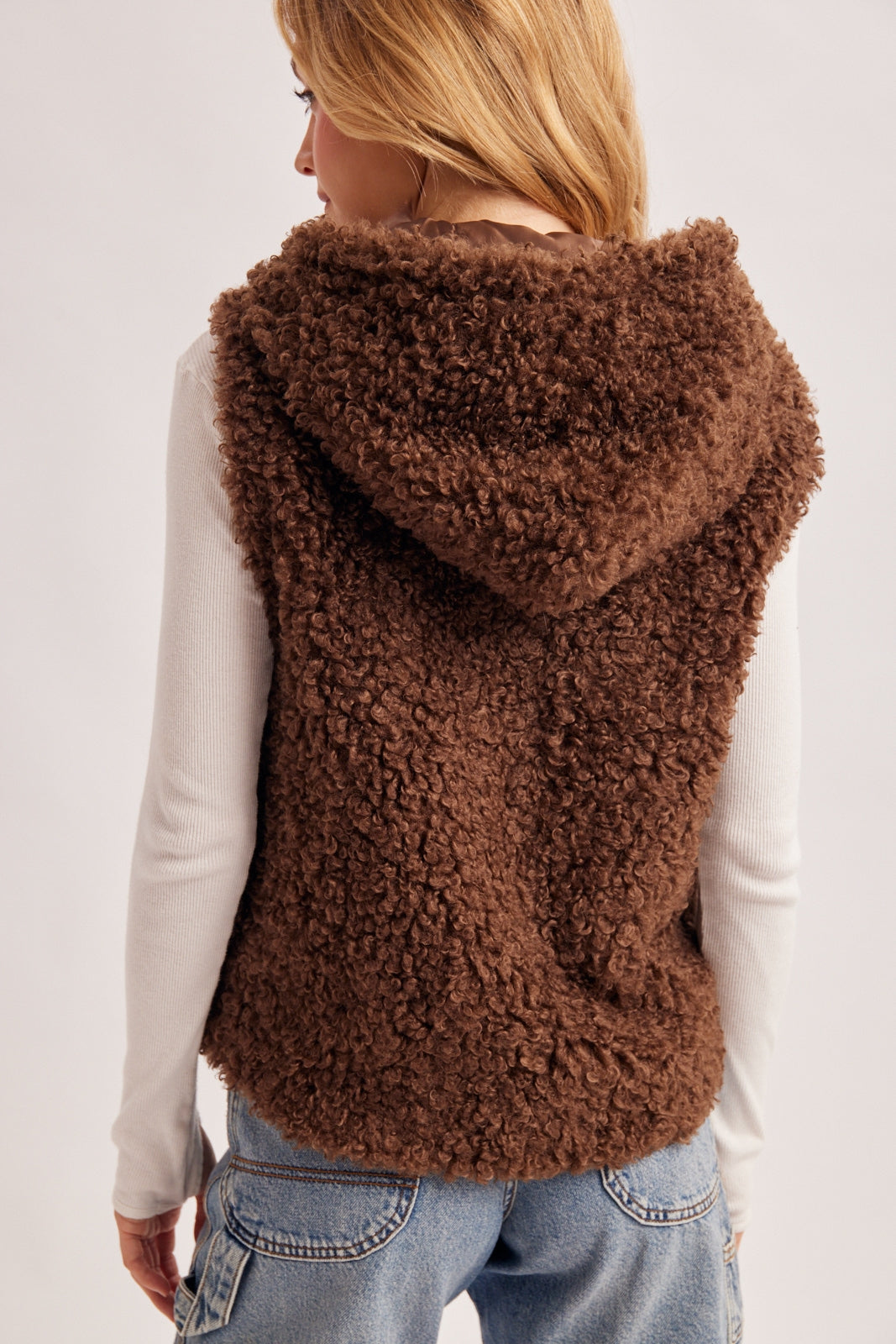TEDDY SHERPA CURLY FAUX FUR ZIP UP HOODED VEST