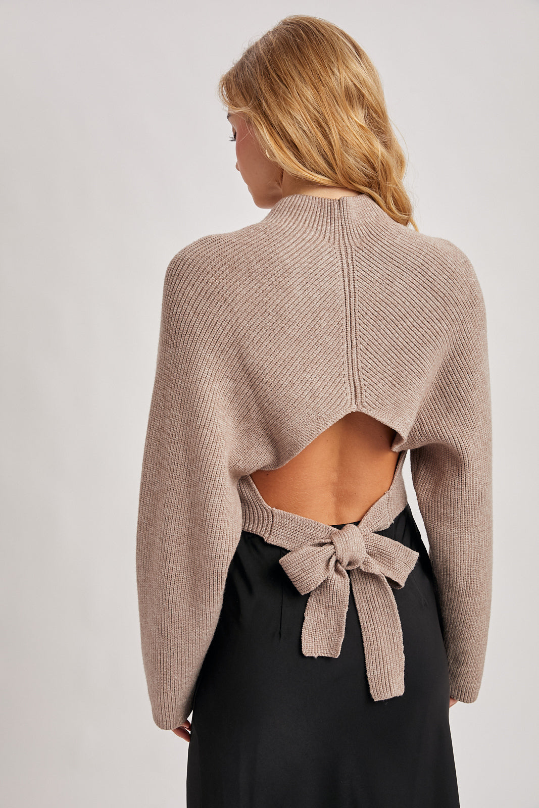 OPEN BACK RIBBED KNIT TIE SWEATER TOP