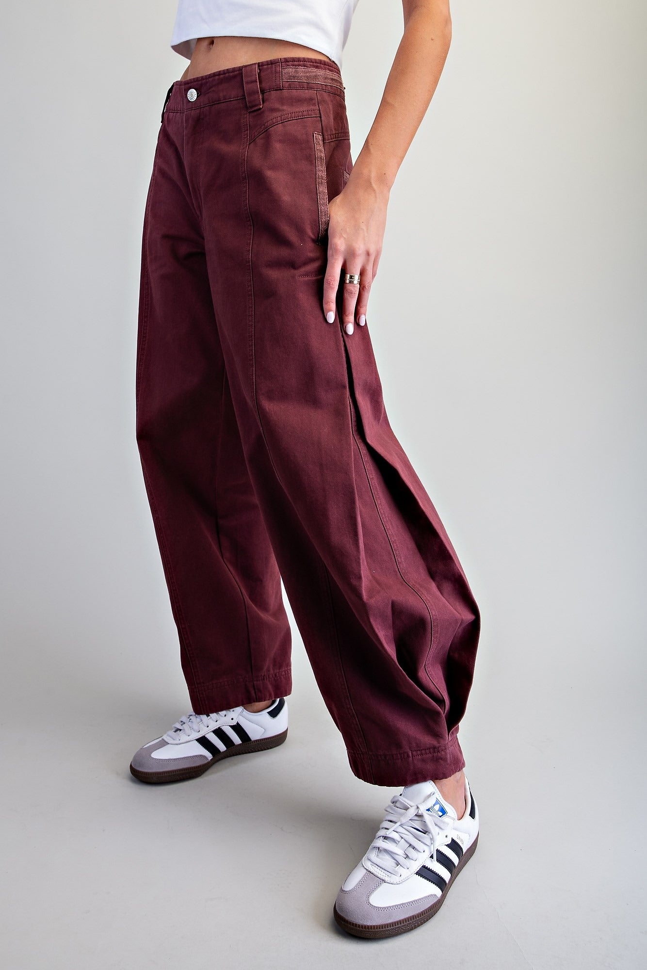 MINERAL WASHED SIDE PLEAT BARREL LEG PANTS